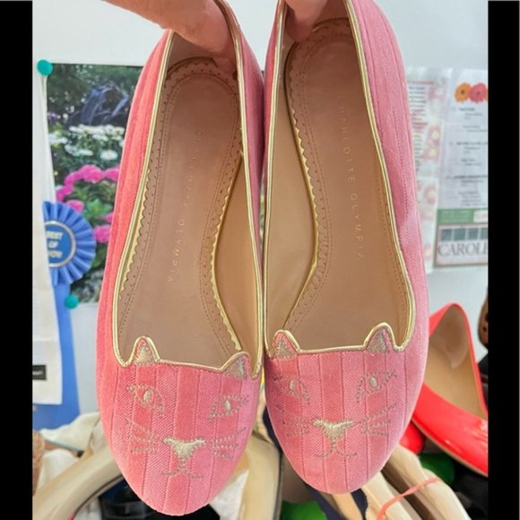 Charlotte Olympia Shoes - Charlotte Olympia Pink Velvet Kitty Flats